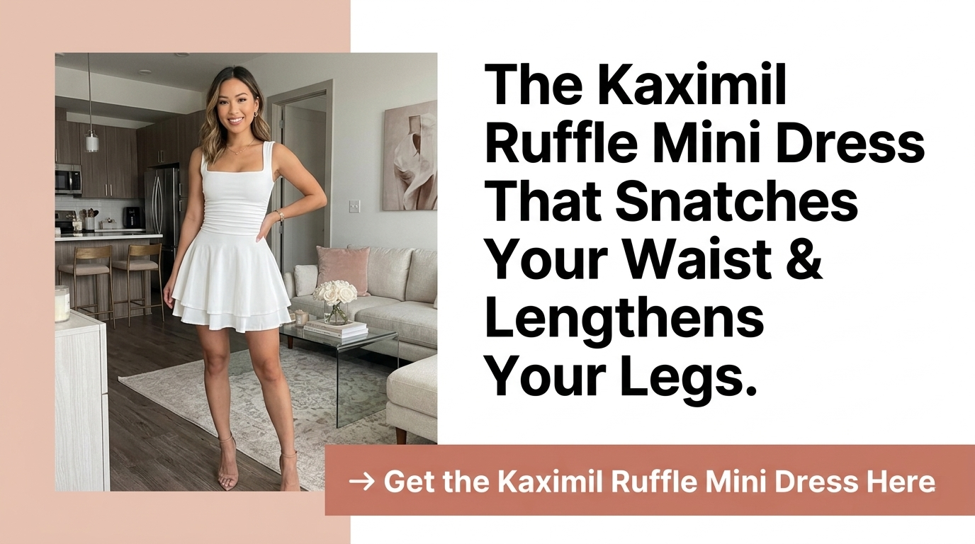 Flat lay of Kaximil white ruffle mini dress with nude heeled sandals