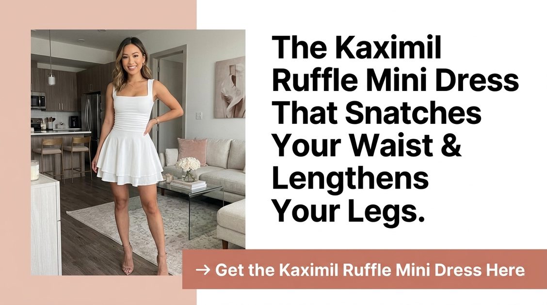 Kaximil Dress Flat Lay with Accessories Flat lay of Kaximil white ruffle mini dress with nude heeled sandals