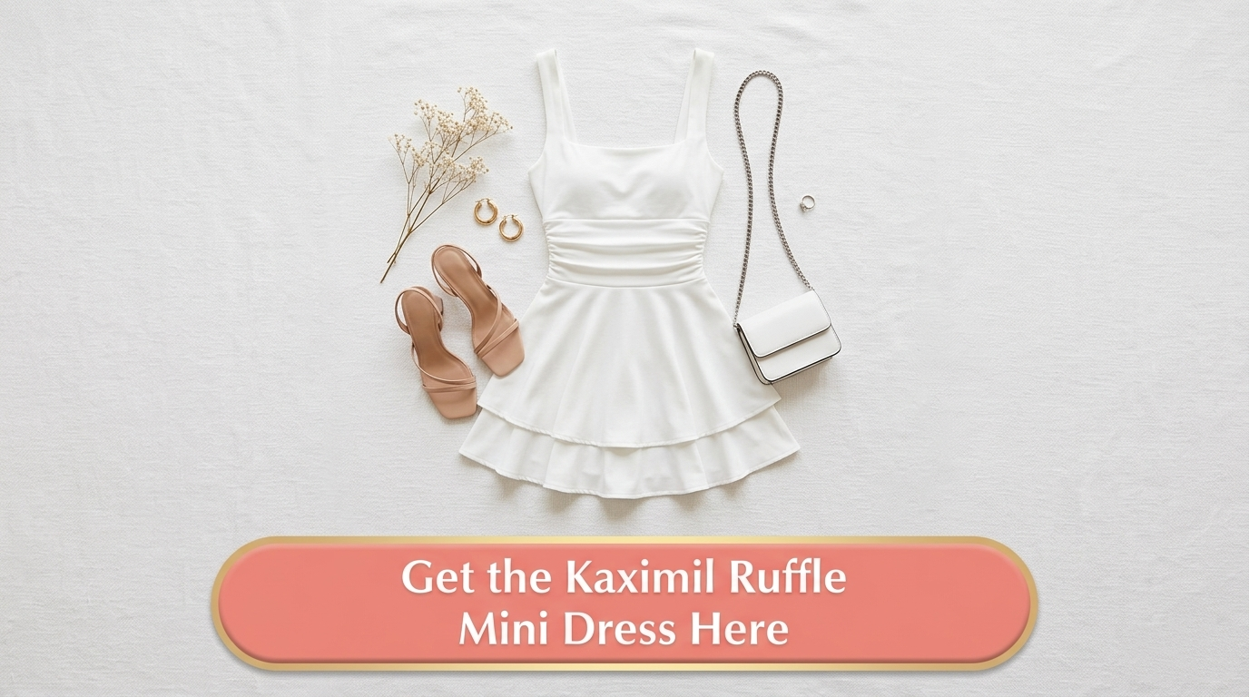 Flat lay of Kaximil white ruffle mini dress with nude heeled sandals