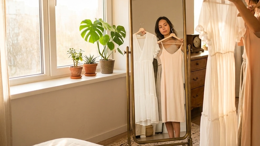 Petite woman comparing a sheer white dress with the LB LIFEBEST knee-length full slip in a sunlit bedroom